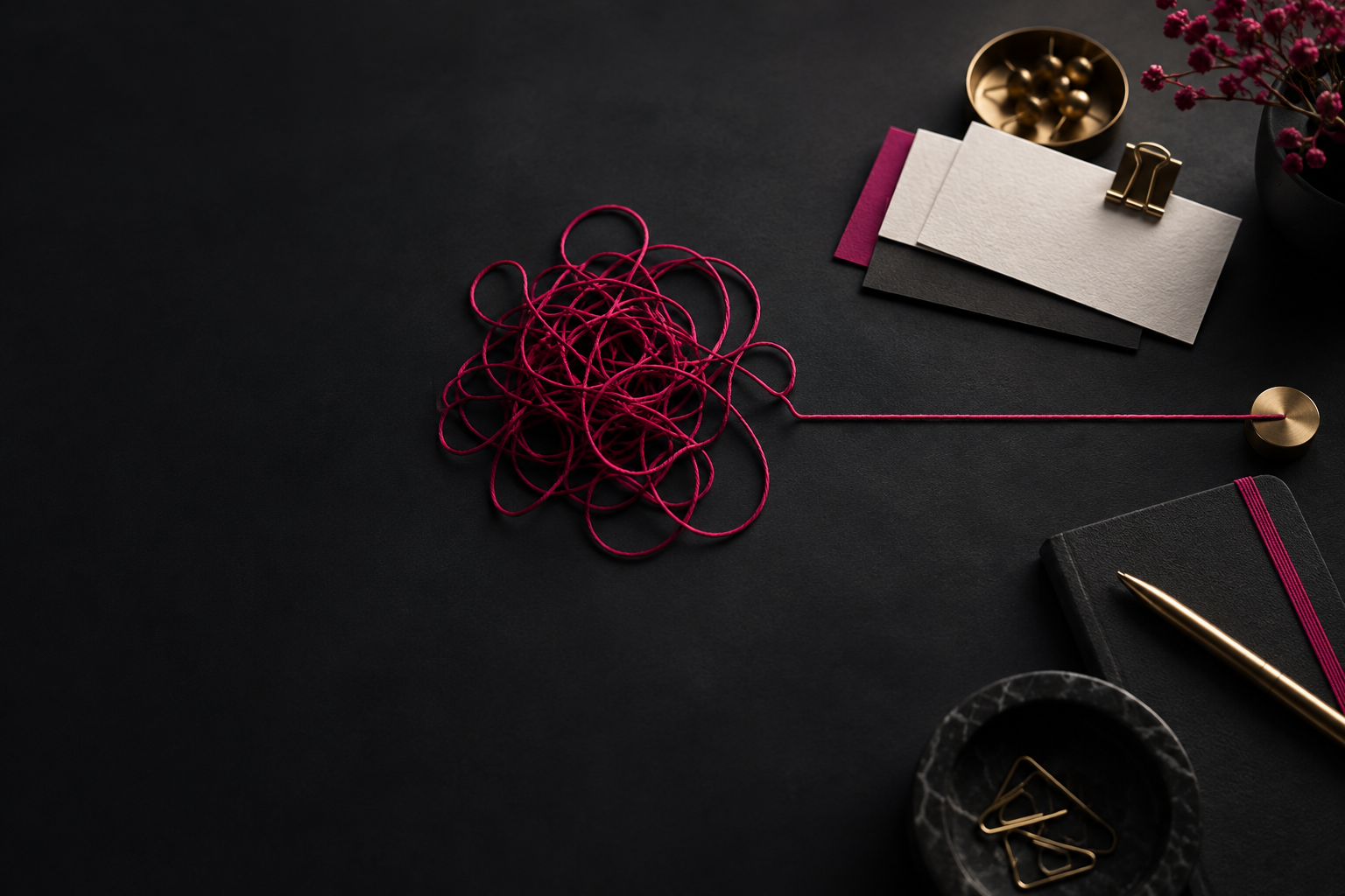 A tangled purple thread becoming a clear, straight line on a dark worktable